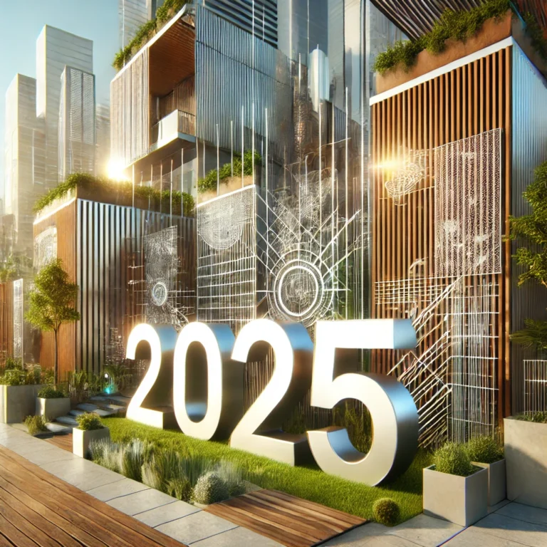Ilustracja trendów ogrodzeniowych: nowoczesna zabudowa, zieleń i napis 2025