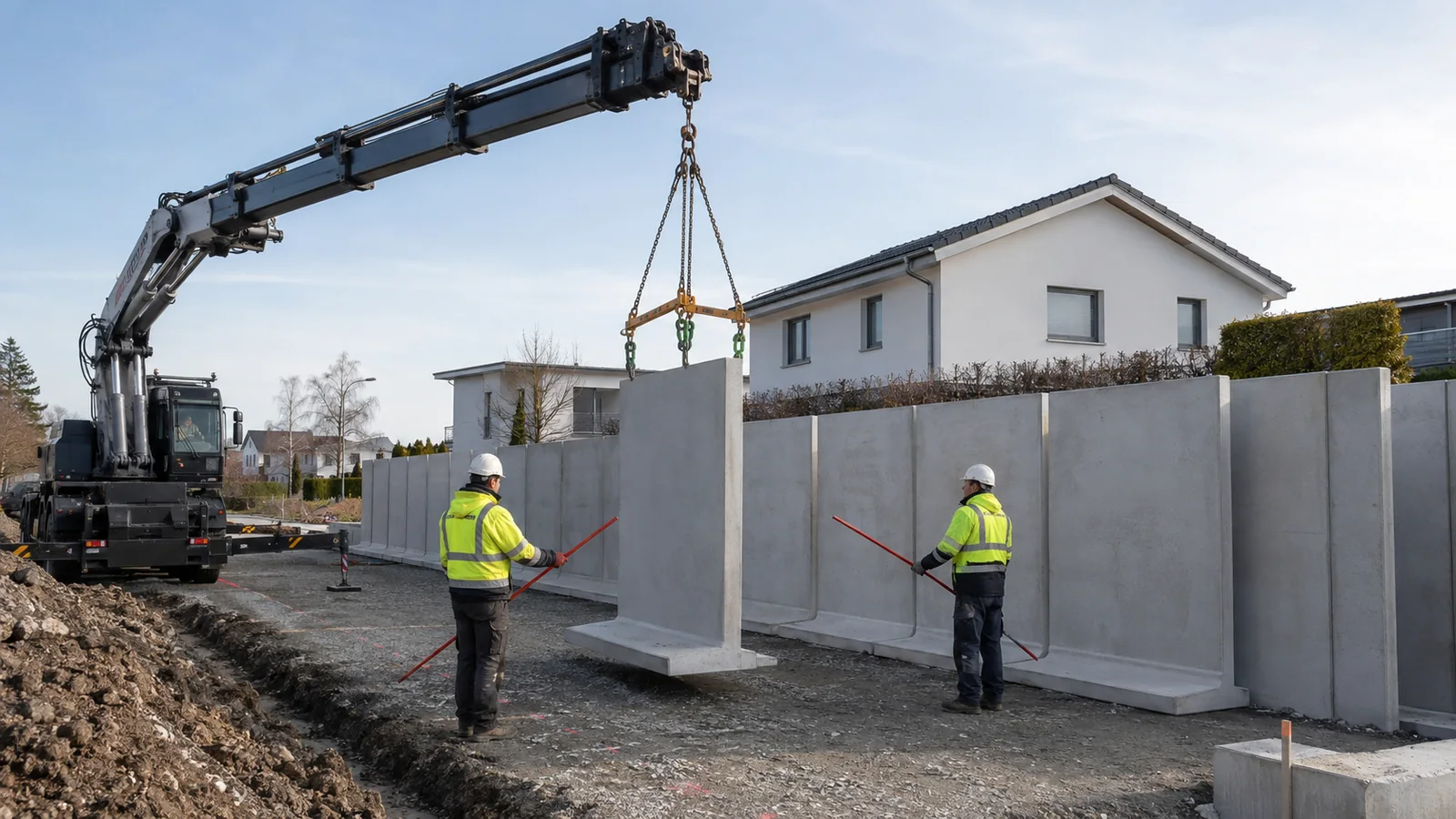 Montaż prefabrykowanych murów typu L: podłoże, transport HDS i bezpieczne ustawienie